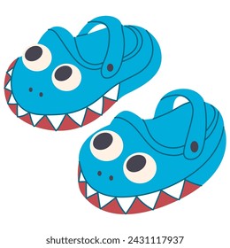 Cute baby summer sandals with shark vector cartoon illustration isolated on a white background. Shark slippers for kids.