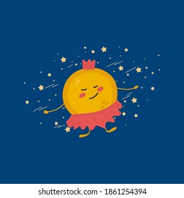 Cute baby sun in a circle of stars. Cartoon planetary picture for children's textiles or clothing. Children's planetary, space, milky way, fashion, clothing. Isolated clipart. Vector illustration