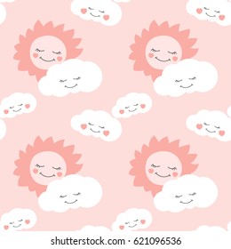 Cute baby sun pattern vector seamless. Girl print with sun and happy clouds on pink background. Design for little princess birthday card, wallpaper or fabric, baby shower invitation template.