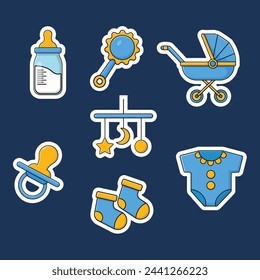 Cute Baby Supplies Stickers Collection Vector Illustration. Baby Element Concept Design