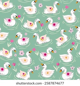 Cute Baby Swans Vector Seamless Pattern
