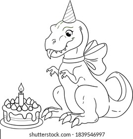 Cute baby t rex with birthday cake. Vector outline for coloring page