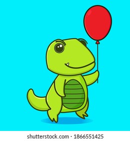 cute baby t rex carrying a red ballon, baby t rex mascot logo design vector suitable for mascot, flyer,landing page,banner baby greeting card. 