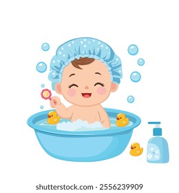 Cute baby takes a bath in blue bathtub with bubble. Happy baby bathes with foam and toys. Baby element vector. Flat vector illustration in cartoon style isolated on white background.