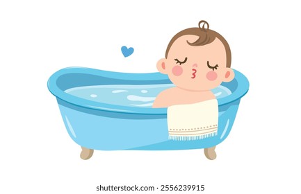 Cute baby takes a bath in blue bathtub . Happy baby having bath. Baby element vector. Flat vector illustration in cartoon style isolated on white background.