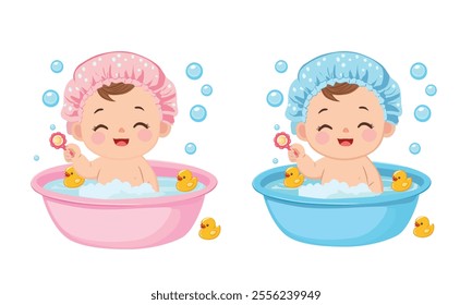 Cute baby takes a bath in blue and pink bathtub with bubble. Happy baby bathes with foam and toys. Baby element vector. Flat vector illustration in cartoon style isolated on white background.