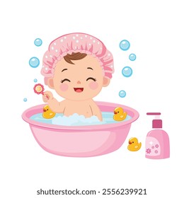 Cute baby takes a bath in the pink bathtub with bubble. Happy baby bathes with foam and toys. Baby element vector. Flat vector illustration in cartoon style isolated on white background.