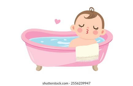 Cute baby takes a bath in pink bathtub . Happy baby having bath. Baby element vector. Flat vector illustration in cartoon style isolated on white background.