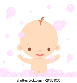 Cute Baby Taking a Bath is Soap Foam Vector Illustration
