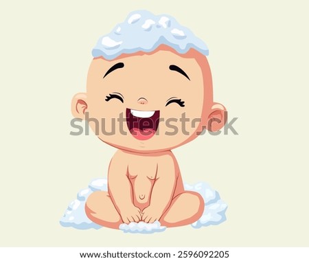 Cute baby taking a bath with soap bubbles on the head. Happy infant enjoying bath time. Concept of baby hygiene, child care, cleanliness, and fun bathing moments