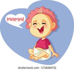 Cute Baby Talking Vector Cartoon Illustration. Happy infant feeling content learning language saying mama
