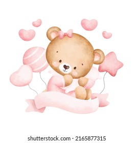 Cute baby teddy bear and balloons 