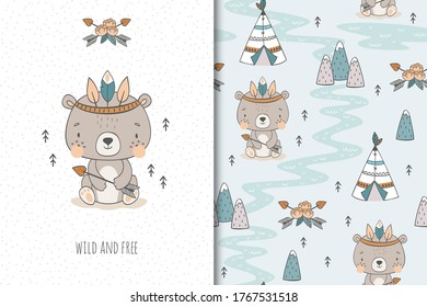 Cute baby teddy bear. Cartoon Tribal 
 forest animal character. Kids card print template and seamless background pattern. Hand drawn surface design vector illustration. 