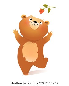 Cute baby teddy bear character in action, reaching up for a berry. Adorable playful animal character for kids projects. Vector isolated animals clipart for children.