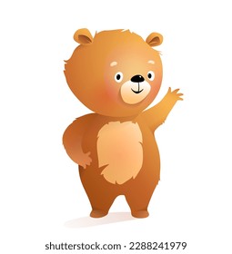 Cute baby teddy bear character for children waiving hello. Adorable animal character greetings for kids projects. Vector isolated animals zoo clipart.