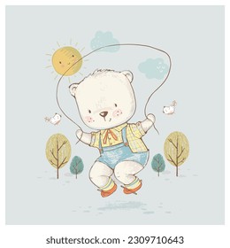 Cute Baby Teddy Bear jumping rope. Hand drawn vector illustration. Can be used for kid's or baby's shirt design, fashion print design, fashion graphic, t-shirt, kids wear.