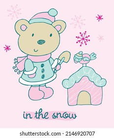 Cute Baby Teddy Bear Playing And Building A Snow House In The Snow Cartoon Vector Illustration For Print, Poster, Greeting Card Invitation, Badges, Stickers, Book Covers, Pajamas And Mugs