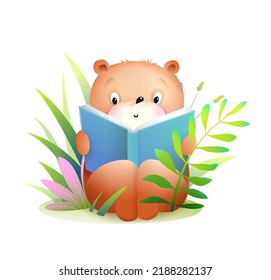 Cute baby teddy bear reading a book in nature , education and study character for kids. Cute bear reading story, vector clip art cartoon for children.