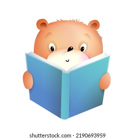 Cute baby teddy bear reading a book, educational icon for kids education and study character with book for kids. Cute bear reading, vector clip art cartoon for children.