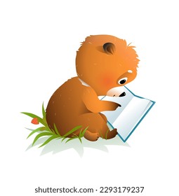 Cute baby teddy bear reading a book or studying. Learning and education illustration for children. Vector animal character schooling illustration, isolated cartoon clip art for kids and library.