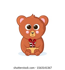 Cute baby teddy bear. Sits with a gift. Vector illustration in cartoon style. isolated white background