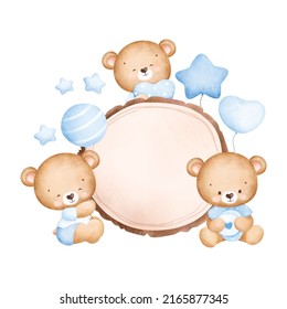 Cute baby teddy bears and wooden board 
