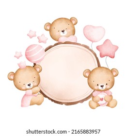 Cute baby teddy bears and wooden board