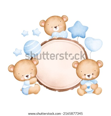 Cute baby teddy bears and wooden board 