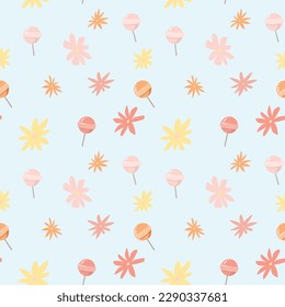 cute baby texture, seamless pattern with candies, flowers, color spots. summer mood, happy birthday.