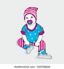 A cute baby. This is a boy. Vector illustration for a card or poster. Newborn.