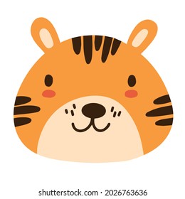 Cute baby tiger animal face in Scandinavian simple childish style. Sweet tiger cat with stripes portrait. Symbol of Chinese New Year 2022.