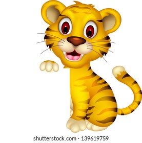 cute baby tiger with blank sign