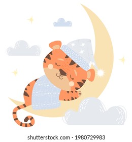 A cute baby tiger boy in a nightcap sleeps on the moon next to blue clouds. Vector illustration. Baby animal concept for nursery, design, decoration, postcards and prints. Year of the Tiger