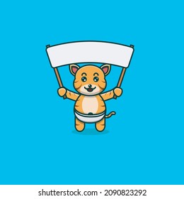 Cute Baby Tiger Bring Big Blank Banner. Character, Mascot, Icon, and Cute Design. Vector and Illustration.