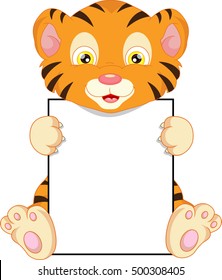 cute baby tiger cartoon and blank sign