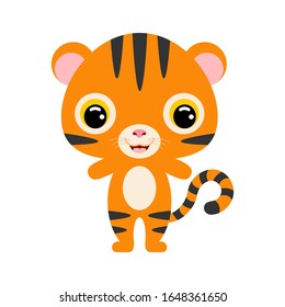 Cute baby tiger. Cartoon character for decoration and design of the album, scrapbook, baby card and invitation. Jungle animal. Flat vector stock illustration on white background