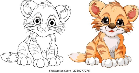 Cute Baby Tiger Cartoon Character Outline for Colouring illustration