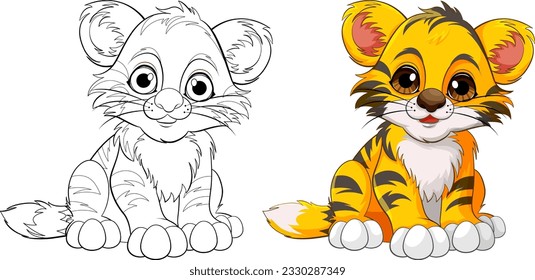 Cute Baby Tiger Cartoon Character Outline for Colouring illustration