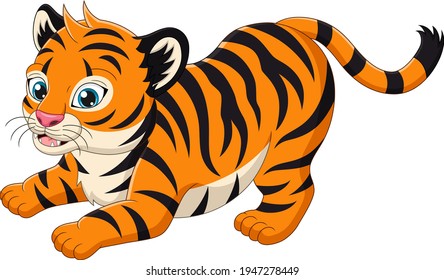 Cute baby tiger cartoon on white background