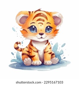 A cute baby tiger, cartoon watercolor white background
