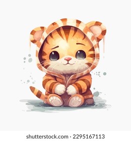 A cute baby tiger, cartoon watercolor white background