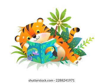 Cute baby tiger character for children reading a book or study among the tropical leaves. Colorful animal character for kids reading book projects studying or library. Vector animal education clipart.