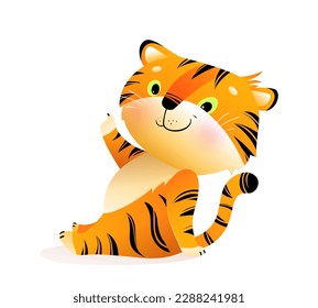 Cute baby tiger character for children sitting and pointing up. Playful and colorful animal character design for kids projects. Tiger mascot illustration in vibrant colors. Vector animal zoo clipart.