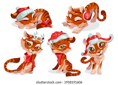 Cute baby tiger character in christmas hat and red scarf. Vector set of cartoon funny kitten in winter cap, with deer horns and bow in different poses. Creative emoji set isolated on white background