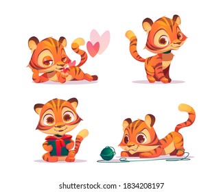 Cute baby tiger character in different poses. Vector set of cartoon chat bot, funny kitten flirts, holding gift box and plays with clew. Creative emoji set, animal mascot