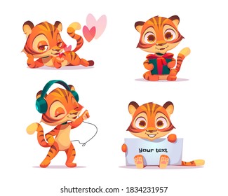 Cute baby tiger character in different poses. Vector set of cartoon chat bot, funny kitten flirts, listen music in headphones, holding gift box and white banner. Creative emoji set, animal mascot
