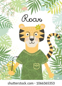 Cute baby tiger character. Hand drawn vector illustration. Summer tropical jungle set. Roar