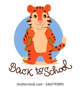 Cute Baby Tiger Character with handwritten calligraphic scripr Back to School. Vector isolated graphic design elements and illustration. Animal, wild life, child, school, education, knowledge.