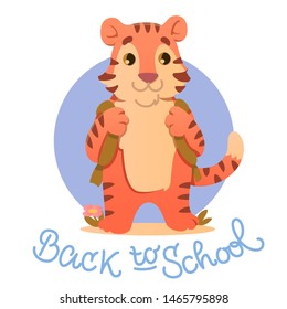 Cute Baby Tiger Character with handwritten calligraphic scripr Back to School. Vector isolated graphic design elements and illustration. Animal, wild life, child, school, education, knowledge.