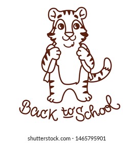 Cute Baby Tiger Character with handwritten calligraphic scripr Back to School. Vector isolated graphic design elements and illustration. Animal, wild life, child, school, education, knowledge.